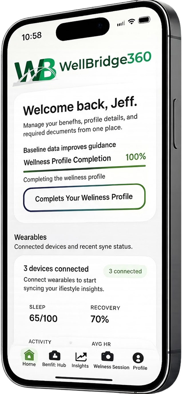An iPhone displaying a welcome screen from the WellBridge360 app